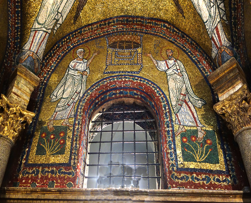 Saints Peter and Paul on either side of the chair where Christ will sit at the Second Coming.