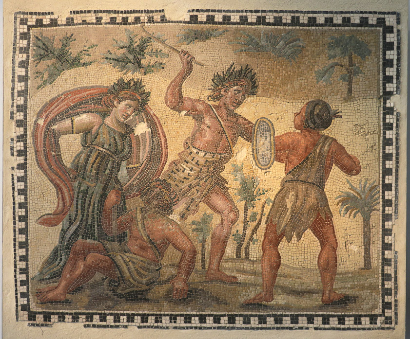 Mosaic pavement, first half of 4c AD, showing Dionysus and the Indians. An episode in the Dionysiaca, an epic Greeek poem by Nonnus of late 4c or early 5c BC featuring the adventures of Dionysus in India.