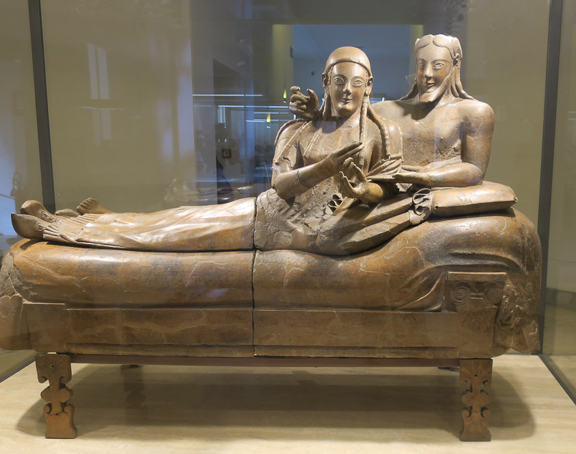When this was found at the end of the 19c at Banditaccia near Cerveteri it was in about 400 pieces. It dates to 530-520 BC and held the asshes of these two people.