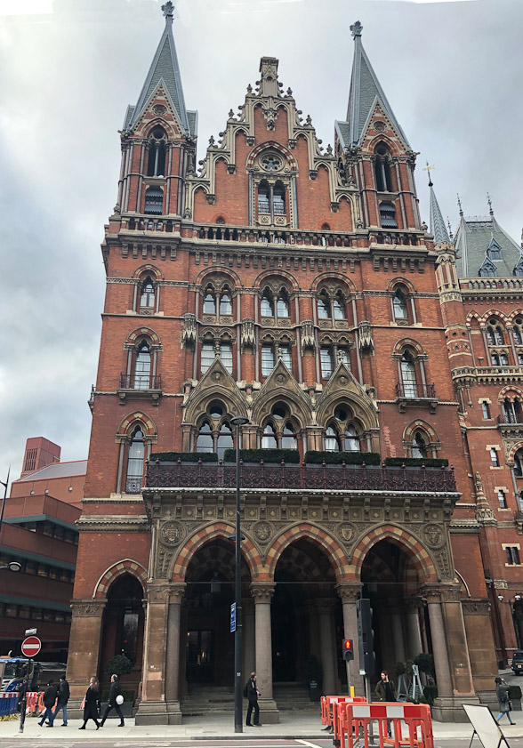 On the far left is the British Library. This is the former Midland Hotel designed by Gordon Scott. It is adjacent to St. Pancras Station.