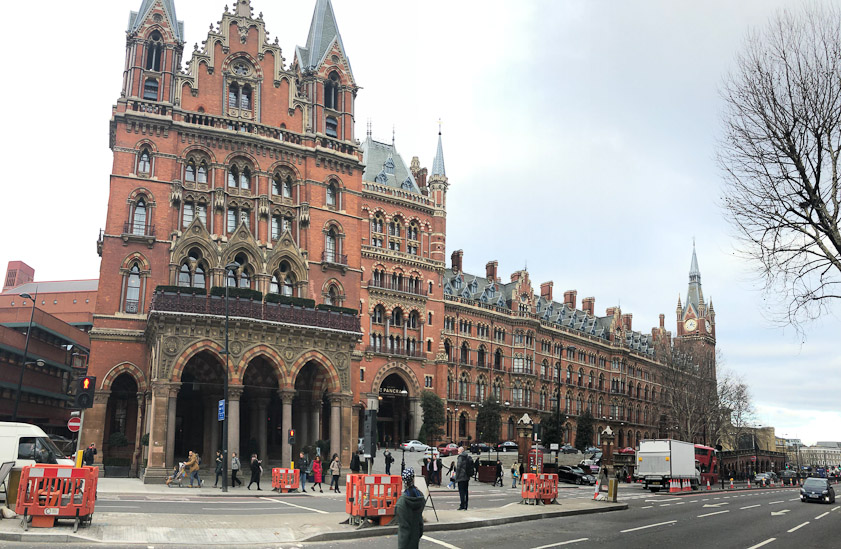 The Midland Hotel, named for the railway company that also built St. Pancras Staton, opened in 1873 with 300 rooms, none with private toilet or bath. It employed an army of maids carrying bowls of hot water to the rooms and chamber pots away from them.