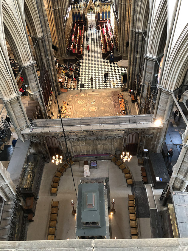 Looking down on the tomb of Edward the Confessor (r. 1042-1066), builder of the original Romanesque abbey church, which was replaced by the current Gothic church begining in 1245 in the reign of Henry III.