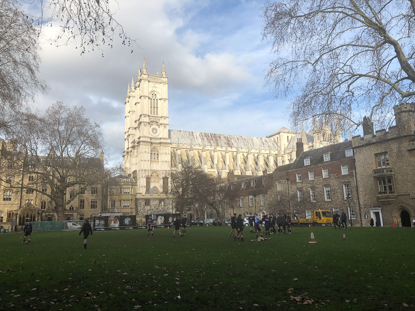 View of the abbey church across Dean's Yard, where boys from the Westminster School were playing ball.