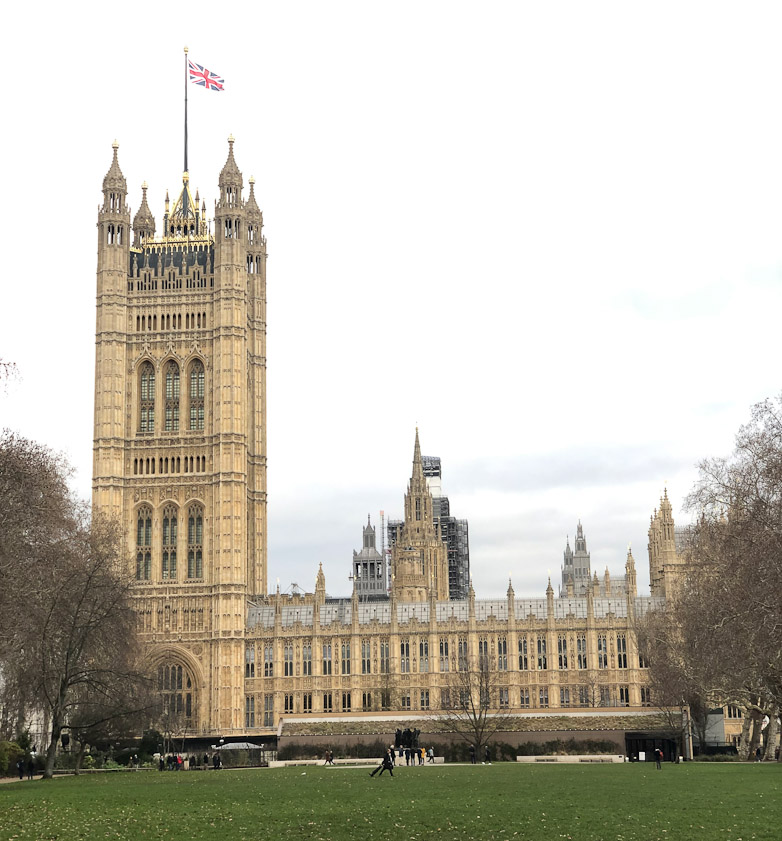 East of Smith Square close to thre Thames we had this view of the House of Lords in Westminster Palace. Victoria Tower is on the left.