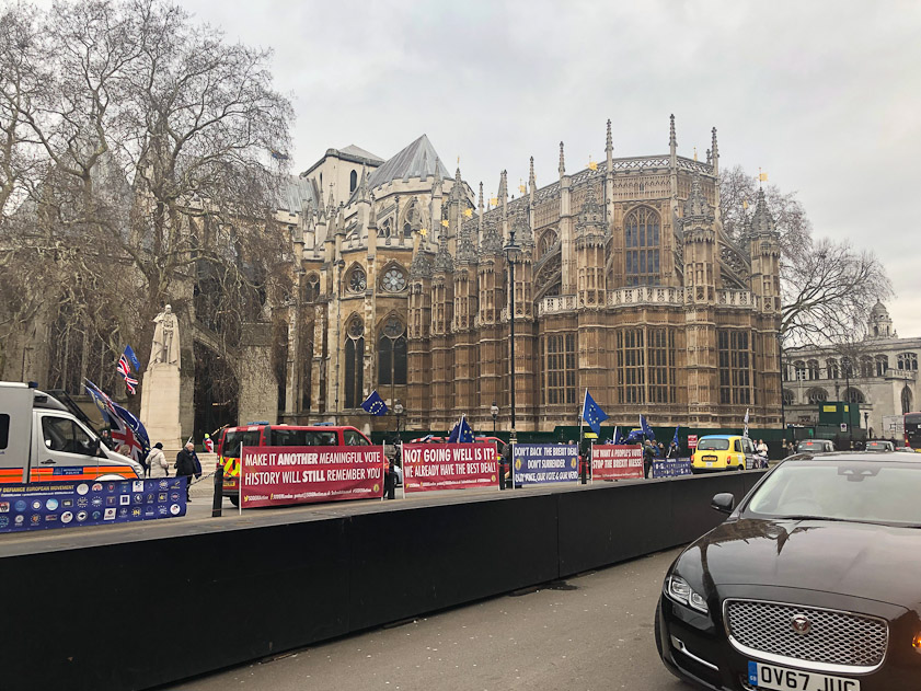 Anti-Brexit demonstrations were underway as Parliament gathered to vote. The building is the east end of Westminster Abbey, the Lady Chapel.