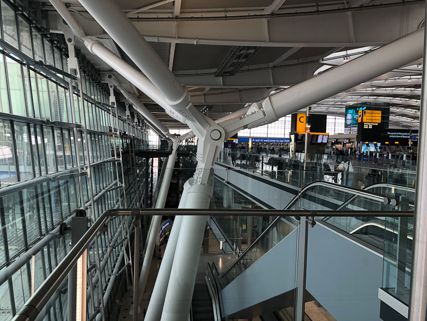 Interesting trusses inside Heathrow Terminal 5, where we caught a flight to Rome.