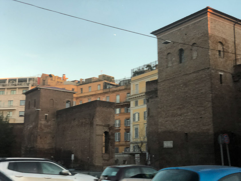 We passed though the Aurelian Walls going and coming daily from our sights. They define the central area of Rome for which taxi fares to Fiumicino Airport are set at €48.