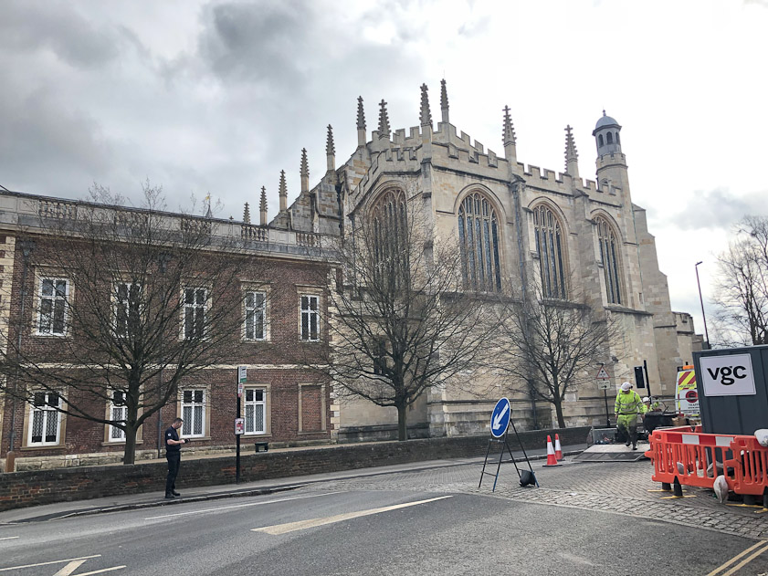 The west end of the chapel connects to the college office and porter's lodge.