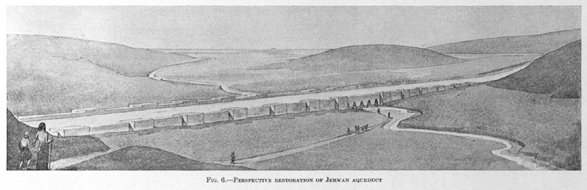 A label in the exhibition refers to an aqueduct built by Sennacherib at Jerwan, Iraq. It was first documented by an expedition from the University of Chicago in 1931/32 and published in 1935. That report includes this rendering of the aqueduct in Sennacherib's time.