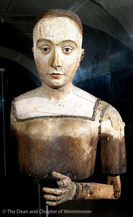 Funeral effigy of Elizabeth of York, wife of Henry VII. Nominally photos in the triforium were not allowed, so I downloaded this from https://museumcrush.org/the-secrets-of-the-funeral-effigies-of-westminster-abbey/