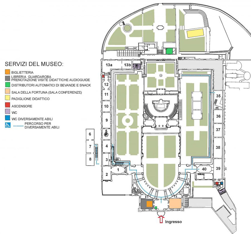The entrance is on the bottom of this plan, and the visitor first enters a semicircular arcade (the hemicycle) that leads on the left to the first gallery. In the middle of the plan is the nymphaeum.