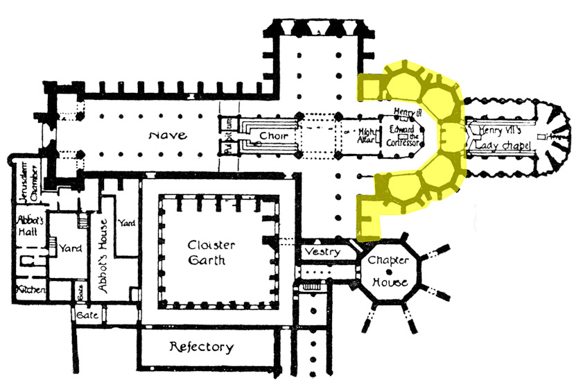 The Cosmati pavement is in front of the high altar. The floor plan of the Queen's Diamond Jubilee Galleries is indicatred approximatrely in yellow.