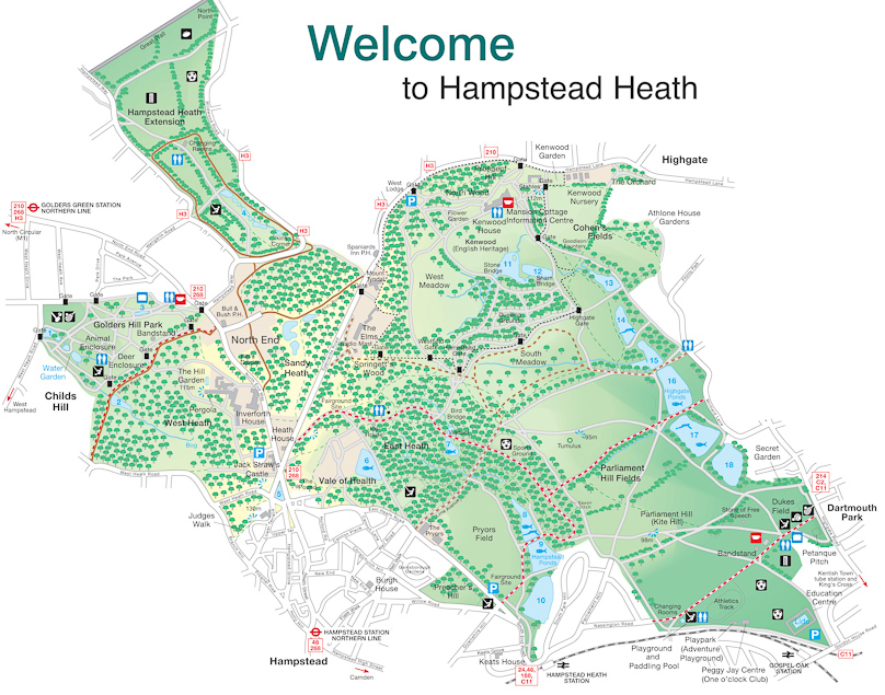 We started our visit to London with a walk on Hampstead Heath, 2.8 miles SW of the home of Pete and Janette Durbin in Muswell Hill. We started at the top, just to the left of Kenwood Garden and emerged at the bottom left, north of the Hampstead Station on the Northern Line.