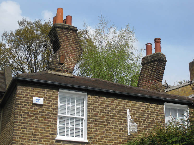 Crooked chimneys on Flask Cottages in Hampstead.