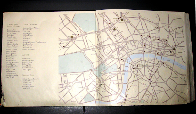A book of remembrance about the 7 July 2005 terrorist attack on three London Underground trains and a London bus that killed 53 people. The map locates the four explosions (large black balls). Kings Cross/Russell Square 27 dead, Tavistock Square 13 dead, Aldgate 7 dead, Edgware Road 6 dead.