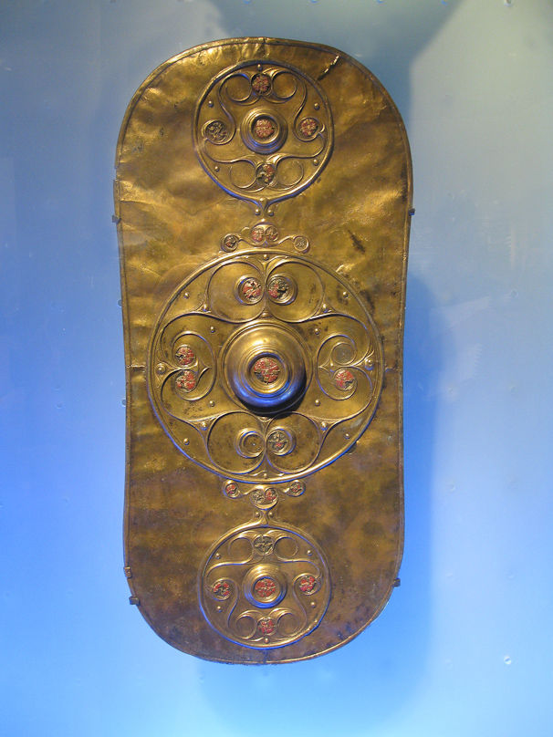 Replica of the Battersea Shield at the Museum of London. The original is in the British Museum, and is dated 300-100 BC. It was found in the Thames at Battersea Bridge in 1857