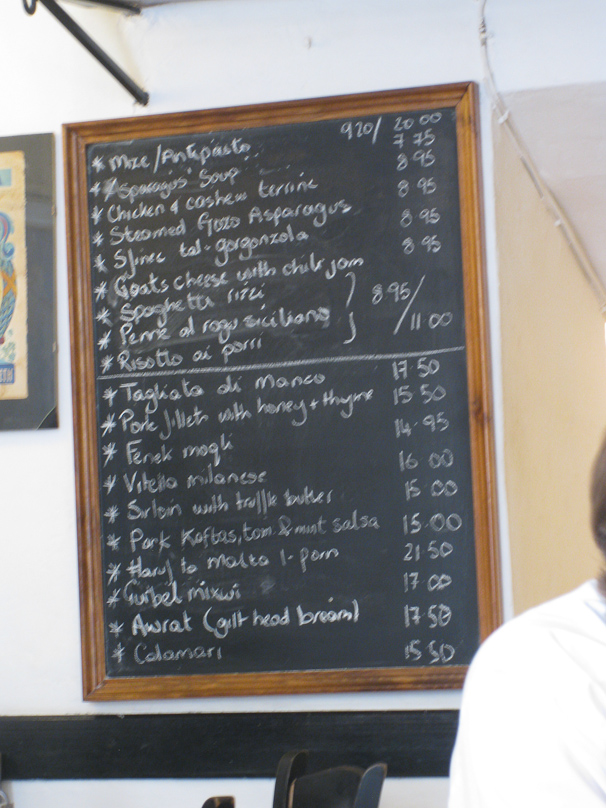 Menu at Rubino in Valetta. We only got to eat here once, alas!