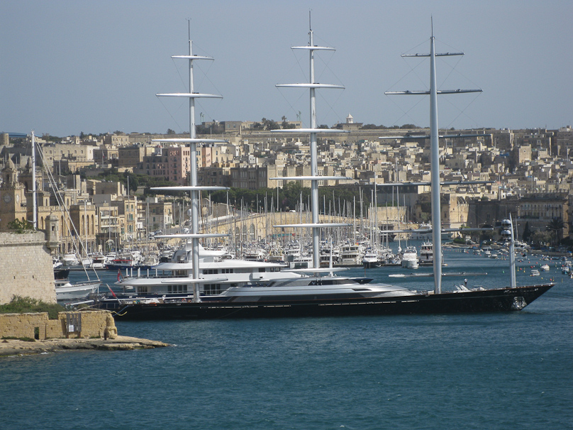 The Maltese Falcon yacht was moored at the head of the marina under Ft. San Angelo in Birgu (a.k.a.Vittoriosa). A modern yacht with a square rig?