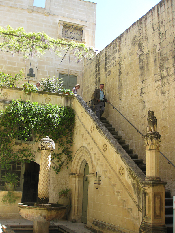 Courtyard at the Palazzo Falson in Mdina. The oldest part of this residence dates to the 13c. Its last owner was a British painter of Swedish descent, Olof Frederick Gollcher. The museum houses his various collections.