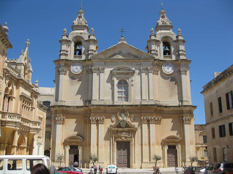 West front of the Cathedral in Mdina. This was the original seat of the Archbishop of Malta. When the capital moved to Valletta, the Knights built a grand church there that was later raised to the status of Cathedral, but since there was only one Archbishop it was called the Co-Cathedral.