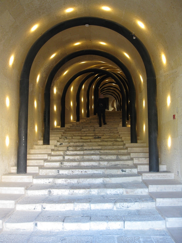 Entrance to the recently renovated St. James Cavalier in Valletta. This was originally built as an elevated gun platform, and though the exterior is stone, much of the interior was compressed earth. It was converted in 2000 to a center for the arts, with a cinema and exhibition spaces.