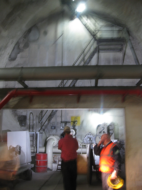 One of the large tanks is behind this wall, with its top near the light at the top and the bottom at the level where we were standing.