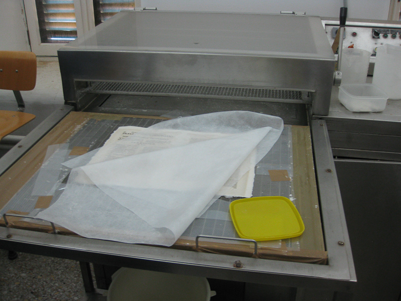 A book eaten by insects is disassembled, and a page is laid on a screen which is immersed in a suspension of paper fibers. Water carrying paper fibers passes through the paper, depositing a thicker layer in the holes in the old paper, where the flow rate is higher. The result is new paper filling in the holes in the old paper.