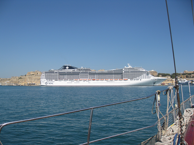 The cruise ship MSC Splendida as we emerged from French Creek into Grand Harbor.
