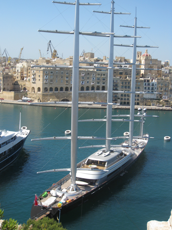 View of the Maltese Falcon as we climbed up to Fort St. Angelo. The masts rotate.