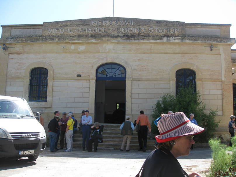 Water pumping station built in 1937. Though it was built to resemble stone, it was made of concrete, to stand up to the vibrations of the large diesel engine inside.