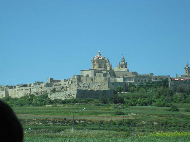 Mdina from the bus. Its fortifications are older than those of Valletta but much lower and less effective.