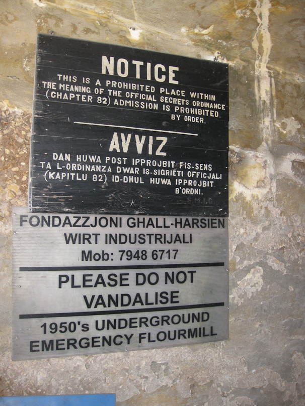 This underground flour mill was built in the 1950s to provide food in case of another aerial siege such as Malta endured in the 1940s. Such signs seem to suggest that proto-vandals might have a conscience to be appealed to.