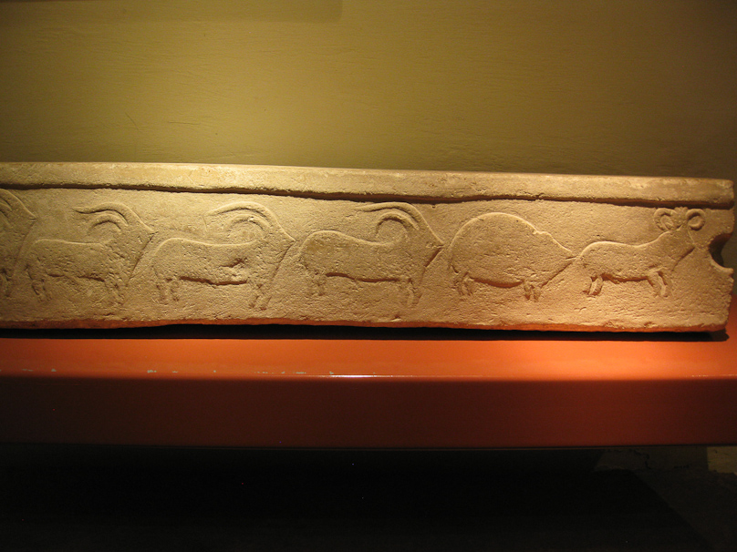 A relief from Tarxien Neolithic temple from 3600-2500 BC. Four sheep, a pig, and a ram.