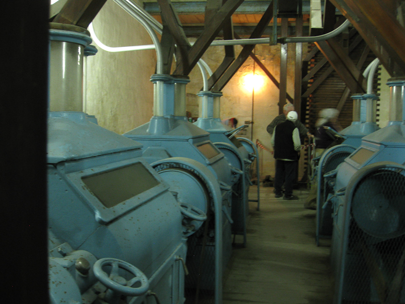 There were two rows of mills on this level, and on the upper level bins holding grain and milled flour and sieves to separate the output of the mills by particle size.