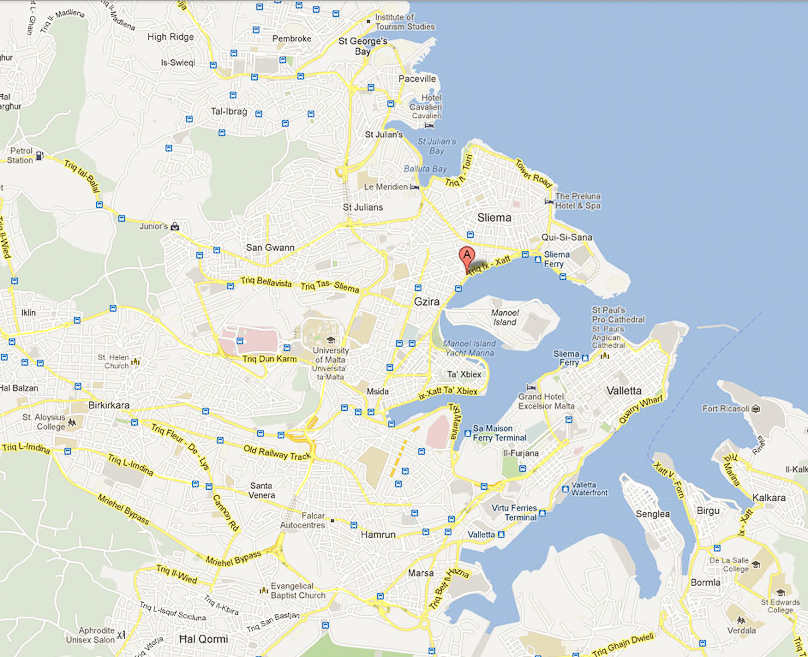 Our hotel in Malta was in Sliema and is marked A. That is the southern end of a line of bars, restaurants, and hotels lining the coast up to St. George's Bay. Paceville is reputedly the noisiest party venue.