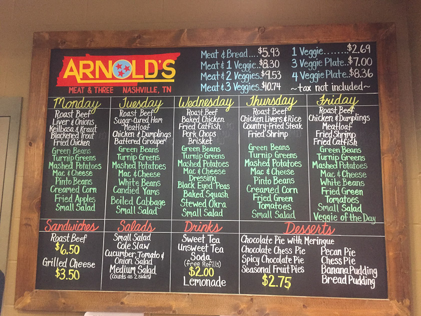 The menu for the week. There were some specials, as well. Note the prices: a meat course and three vegetables for $10.74.