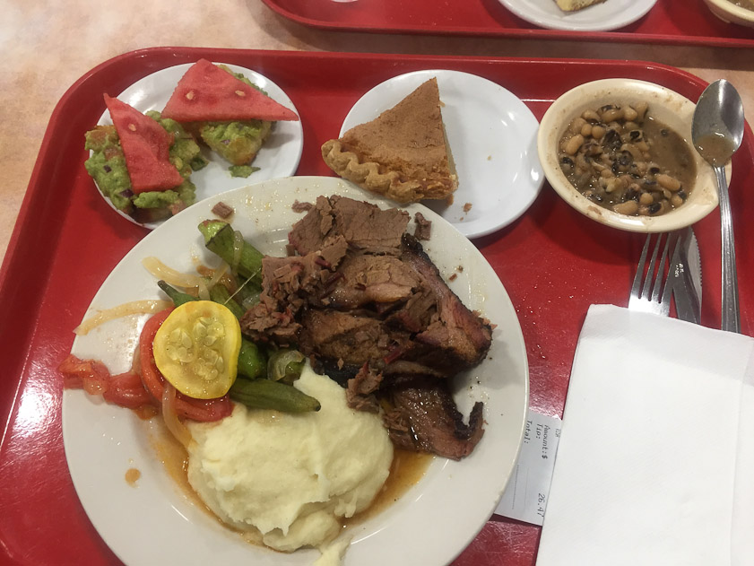 I chose well: brisket, mashed potatoes, black eye peas, bruschetta of watermelon on guacomole, and chess pie. It was all good.