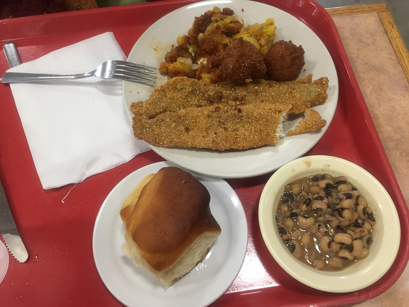 Mariana had less luck: catfish, stewed squash, black eyed peas, and a roll. The breading was too thick, the fish tasted unusual, and the squash was too sweet.
