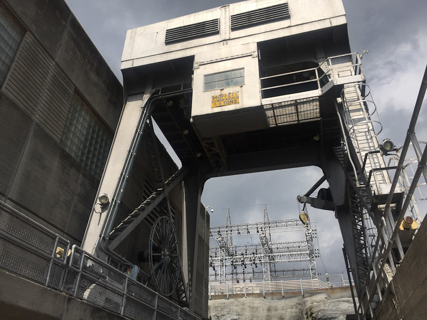 Crane to lift the gates in the Old Hickory Dam. There were three water turbines and generators inside the building, but no photos were allowed there.