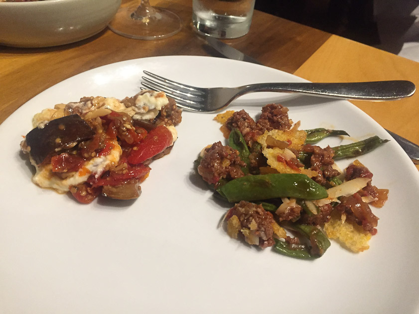 Appetizers: Eggplant Caponata, Buttermilk Cottage Cheese, Peanuts+Raisins+Roasted tomato $11. Lamb Sausage Sugo, Snap Beans, Crunchy Wheat, Pecorino $13.