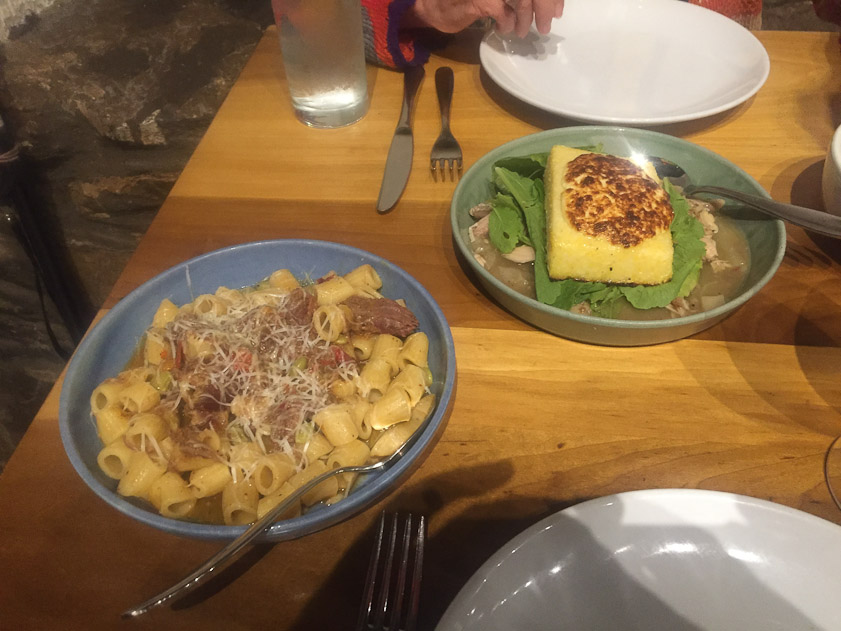 Main courses: Rigatoni, Smoked Lamb, Sweet Peppers, Field Peas, Pecorino $21. 
Smoked Chicken Sugo, Grits 