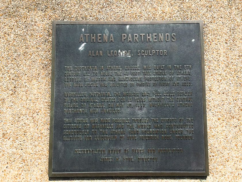 Plaque describing that the Nashville Parthenon did not have a statue of Athena until 1990, 93 years after the building was finished.
