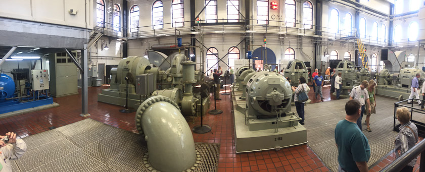Interior of the pump house. I reckon the large pipe in the left foreground carries water from the deep cellar where river water enters by gravity to pumps at this level which push it over to the settling tanks.