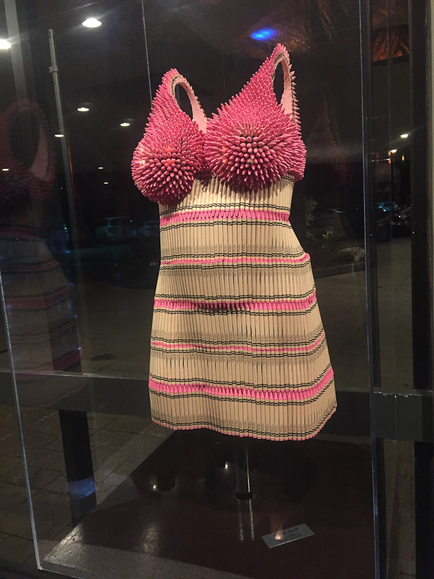Outrageous dress in the window of Hotel Preston.