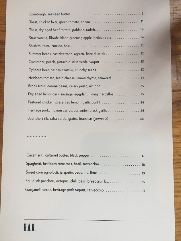 Dinner menu at Rolf and Daughters, a restaurant in what may have been a power plant in a residential neighborhood.