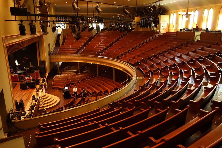 This downloaded photo of the interior shows The Ryman after its renovation. The hard pews are the same as In the Grand Ole Opry days, but restrooms and backstage facilities have been greatly improved and air conditioning added.