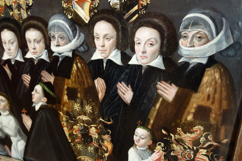We saw these curious gags in several paintings. Presumably they are nuns not allowed to speak. This is by an unknown Polish painter of 1588. In the National Museum in Wrocław.