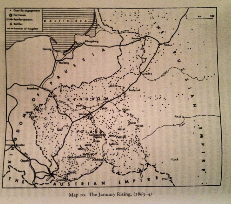 Map showing the wide distribution of the January Rising against the Russians. By this time, Poland had been partitioned between Prussia, Austria and Russia for 70+ years.