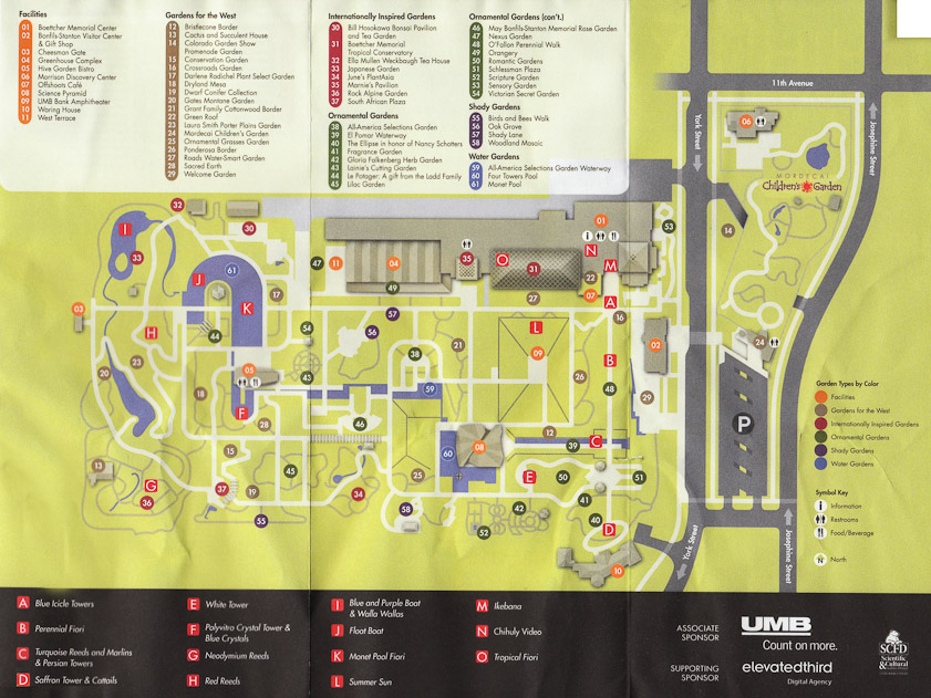 Lettered red squares (see legend bottom left) mark the Chihuly pieces on this map. The entrance to the garden is through building 02 on the right and the first Chihuly piece is A.