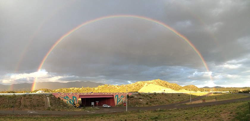 An iPhone panorama of the double rainbow we saw on our way to the first opera of the four we saw.